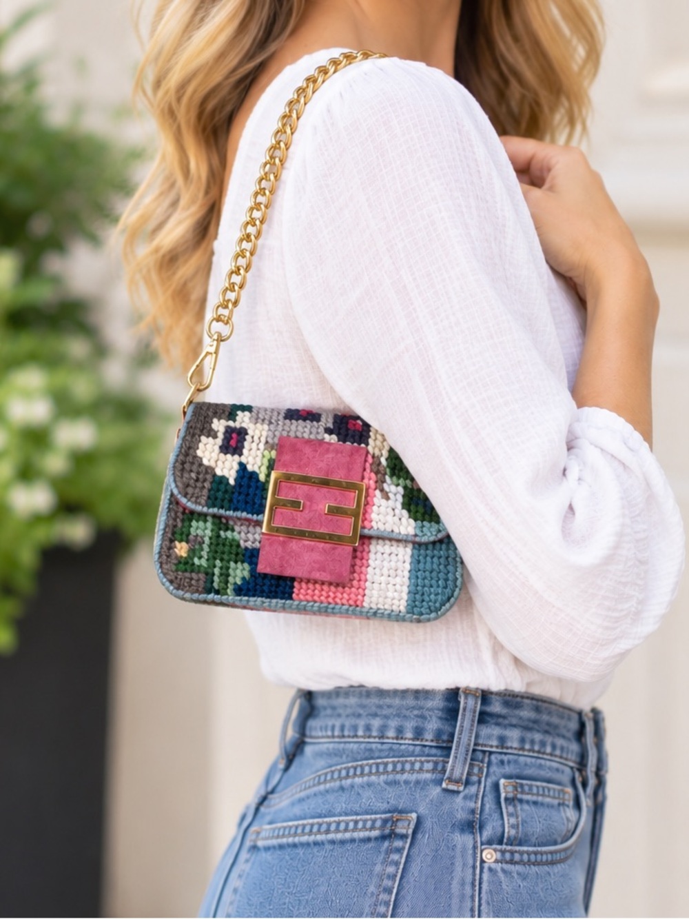 Needlepoint Mini Baguette Floral Crossbody Bag or Clutch